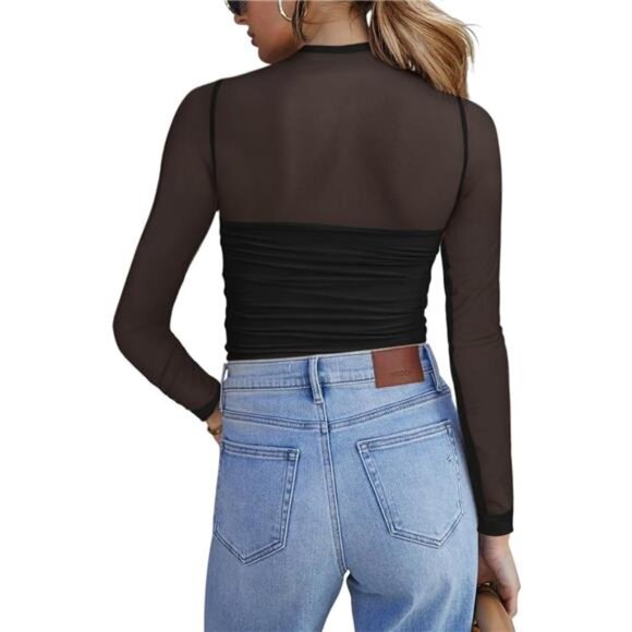 Womens Mesh Sheer Long Sleeve Top Mock Turtle Neck See Though Shirts - Picture 5 of 6